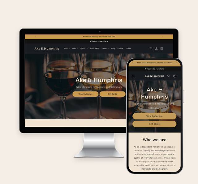 Website homepage showing wine glasses and a mobile view with store information for Ake & Humphris wine merchants in Harrogate and Collingham.