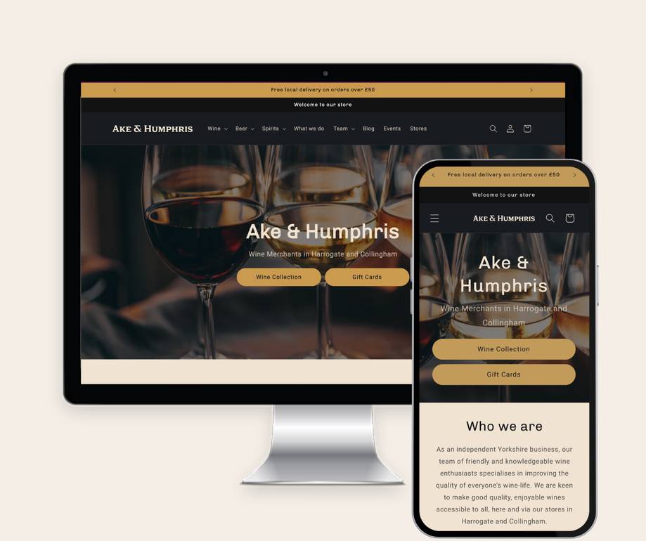 Website homepage showing wine glasses and a mobile view with store information for Ake & Humphris wine merchants in Harrogate and Collingham.