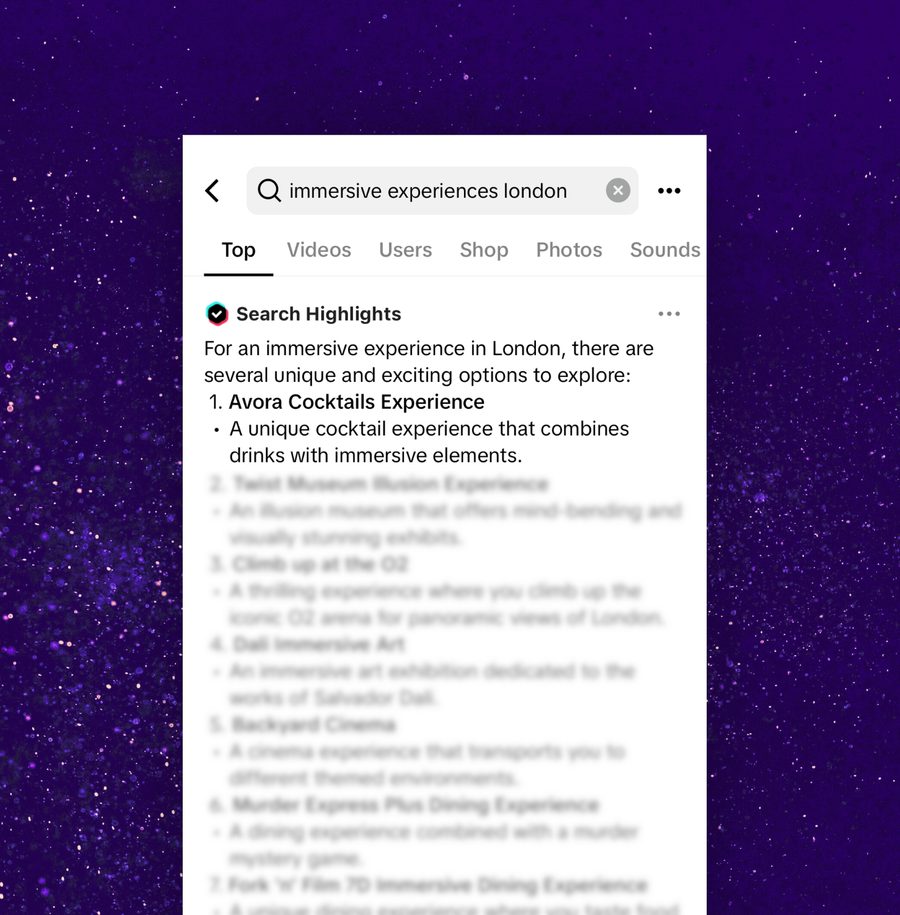 Mobile search results page for "immersive experiences London" over a starry purple background.