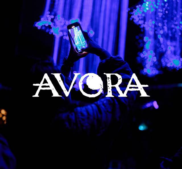 A person holding a phone taking a photo of blue lights and waterfalls, with "AVORA" written across the centre in white text.