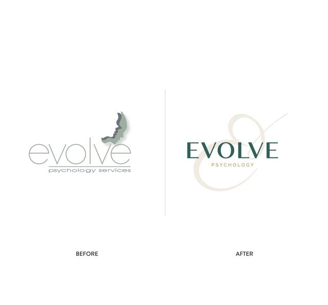 Comparison of two logos for Evolve Psychology, showing a design change from a butterfly and simpler font to a more elegant style with a large ampersand.