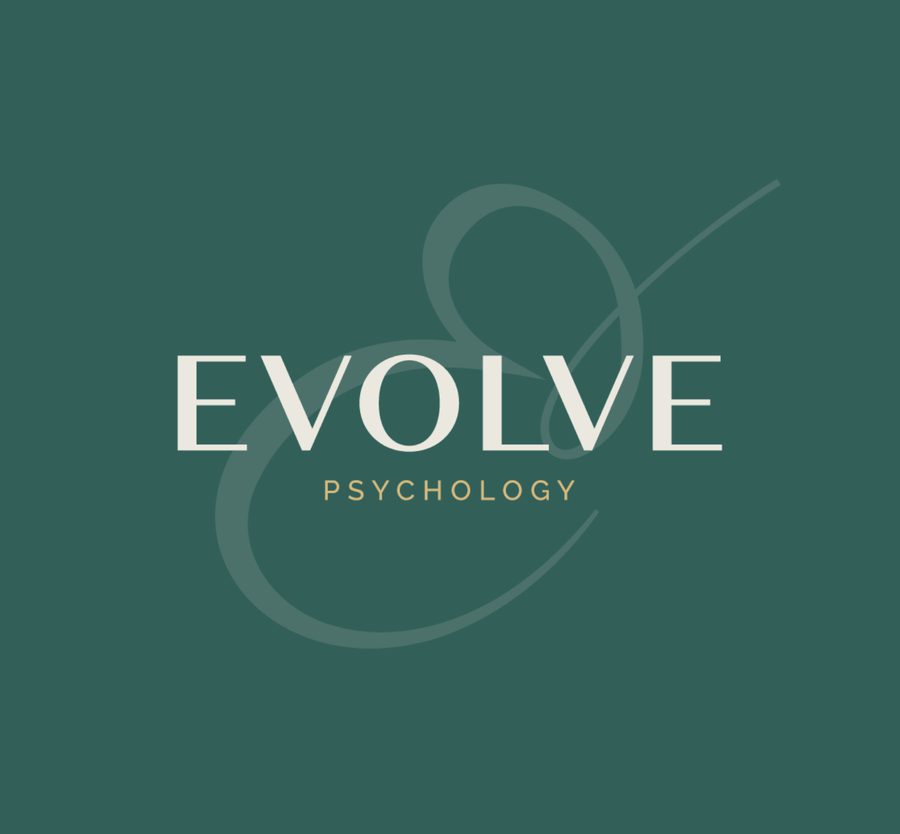 Evolve Psychology logo with a dark teal background, featuring a stylised infinity symbol and the text "EVOLVE" in white and "PSYCHOLOGY" in gold.
