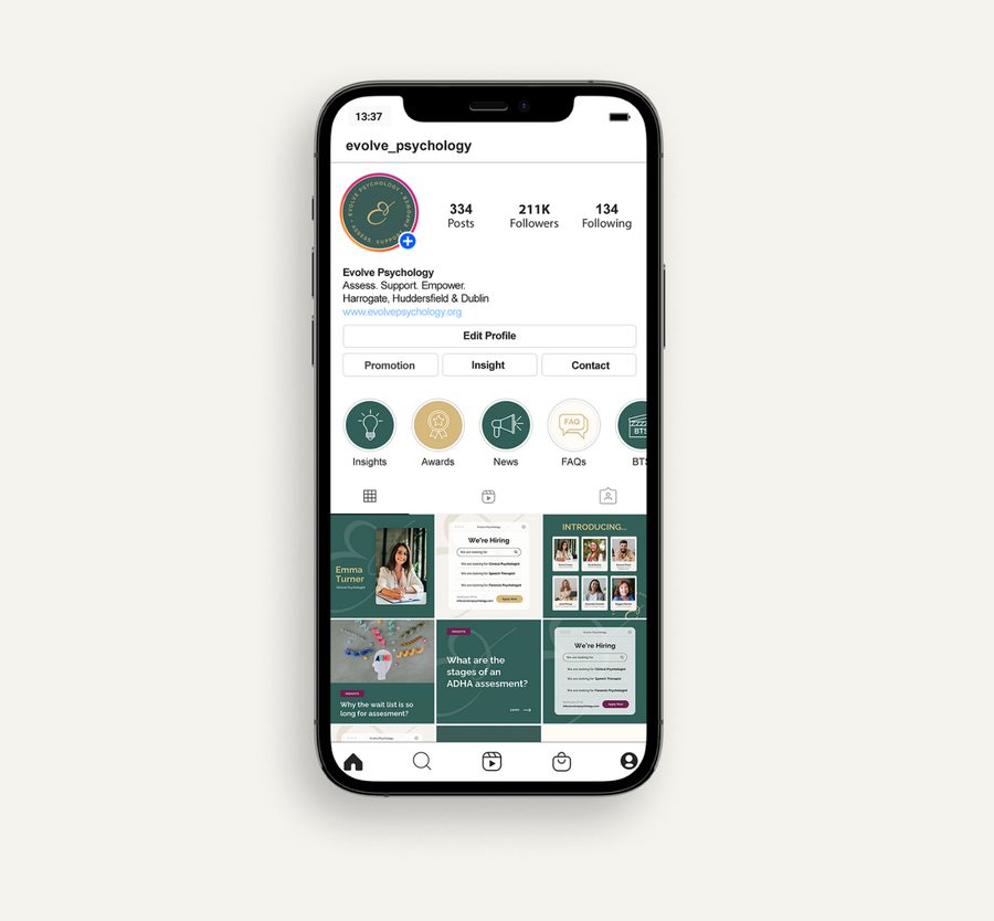 Smartphone displaying an Instagram profile page for Evolve Psychology with posts, highlights, and profile information visible.