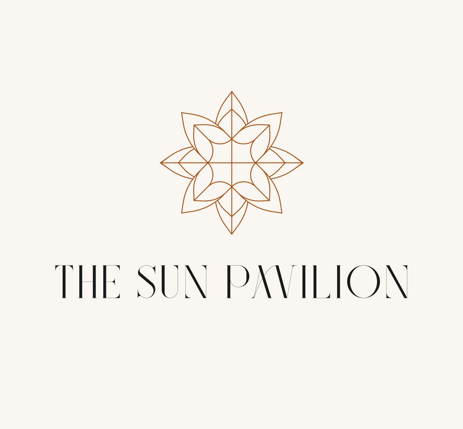 A minimalistic logo with a symmetrical geometric sun or flower design in brown, above the text 'The Sun Pavilion' in black on a light beige background.