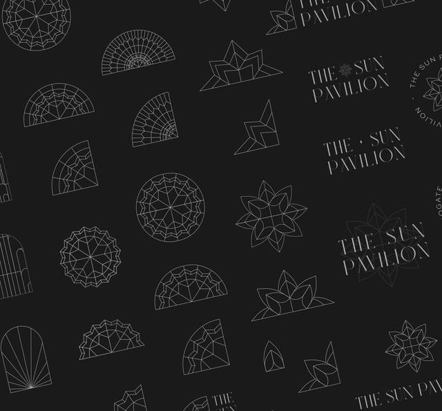 Outline of various geometric shapes, flowers, and the text "THE SUN PAVILION" repeated across a black background.