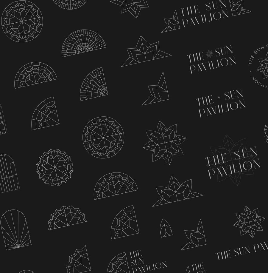Outline of various geometric shapes, flowers, and the text "THE SUN PAVILION" repeated across a black background.