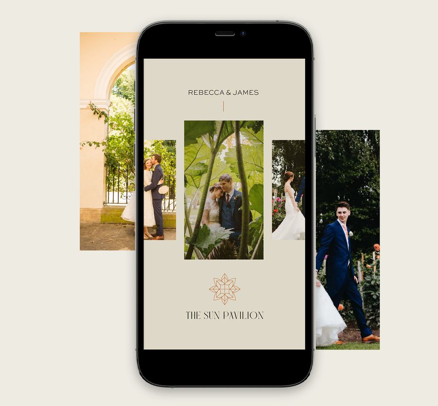 A smartphone displaying a wedding invitation screen with photos of a bride and groom, set against a background of outdoor wedding images.