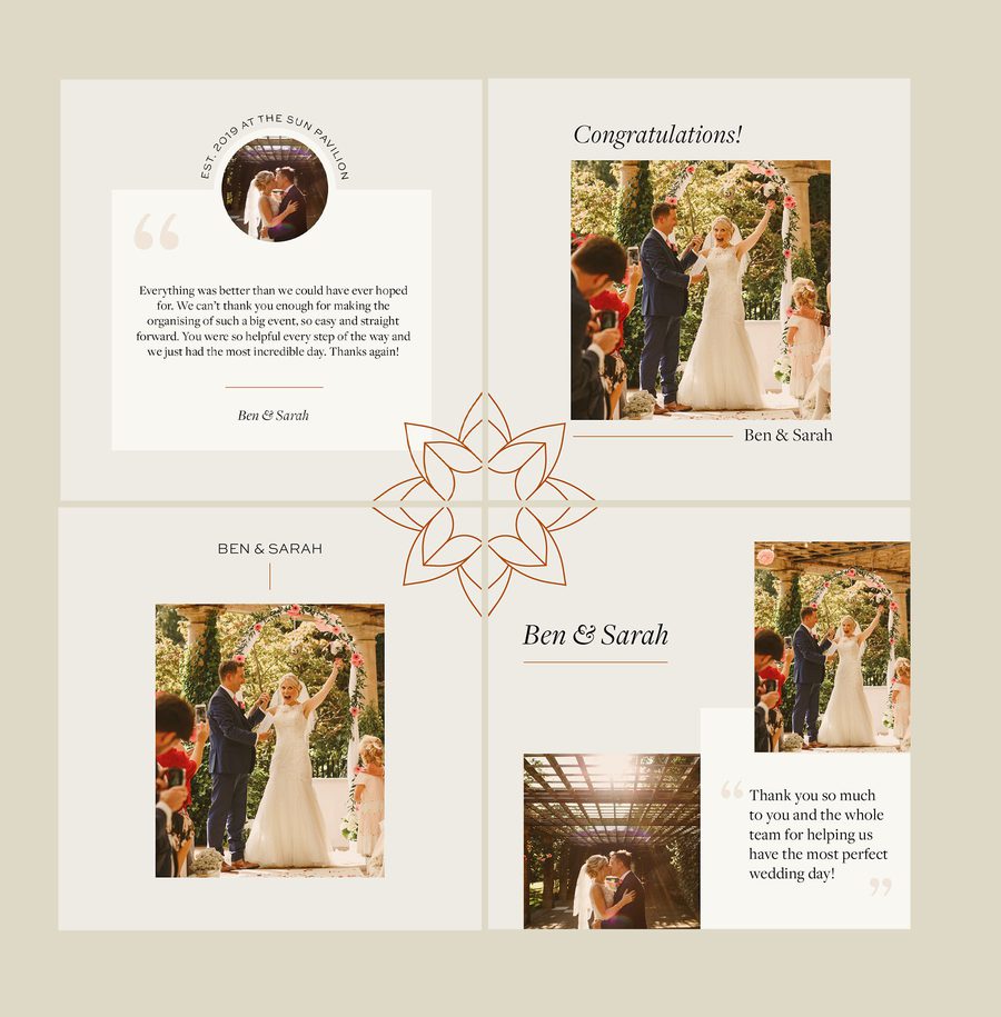 Wedding celebration with photos of the bride and groom, guests, and heartfelt messages on a light background, featuring floral accents and a central decorative motif.