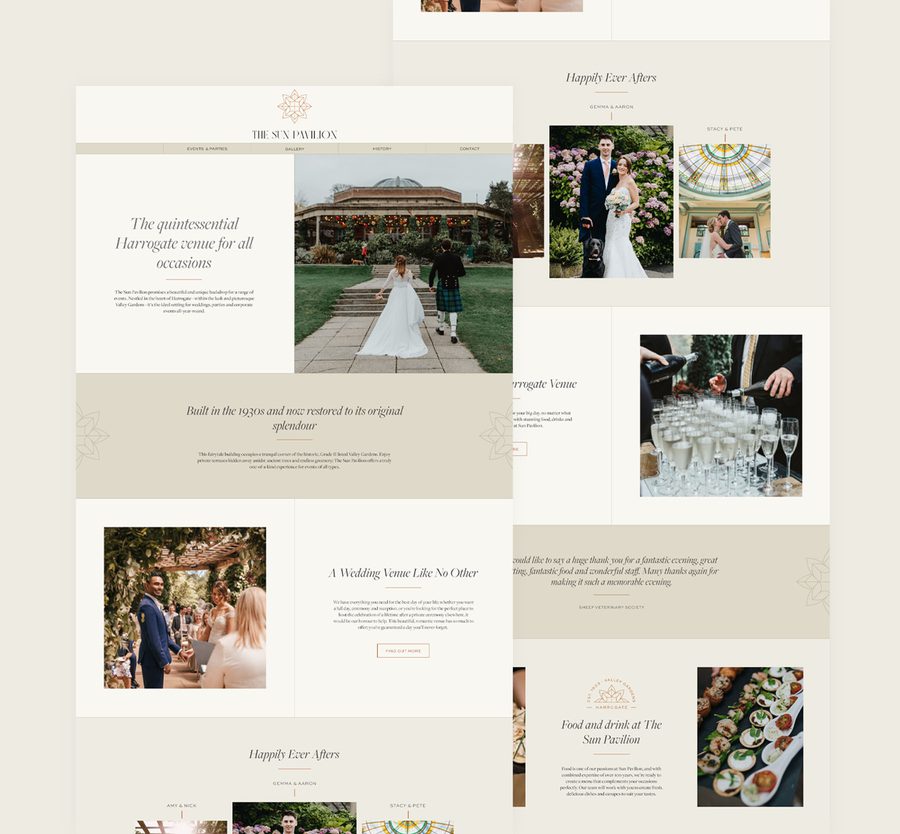 Images of a wedding venue with a bride and groom, a view of the building, bride and groom with guests, and catering setup in a soft beige theme.