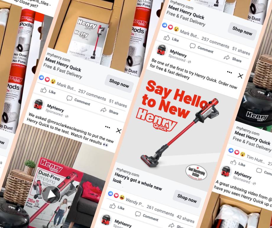 Various promotional images of Henry Quick vacuum cleaners on a social media feed, showcasing products, advertisements, and brand messaging.