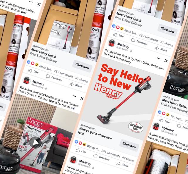 Advert featuring a red and black Henry Quick vacuum cleaner with promotional text and social media posts visible in the background.