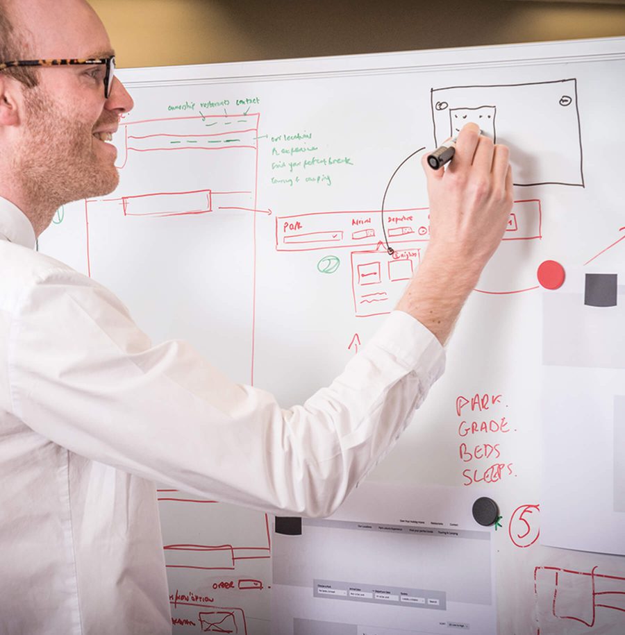 A man in a white shirt writing on a large whiteboard with colourful marker sketches and notes related to a project design or plan.