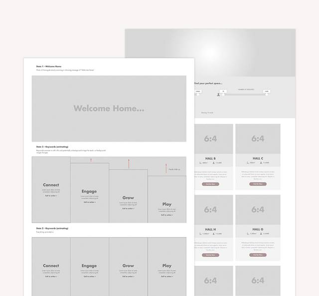 A digital interface with sections for welcoming a home, displaying layout options, keywords, and different hall size previews, arranged in a grid layout.