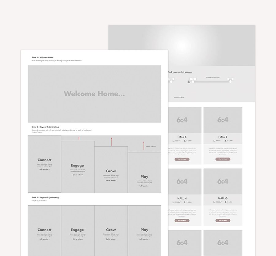 A digital interface with sections for welcoming a home, displaying layout options, keywords, and different hall size previews, arranged in a grid layout.
