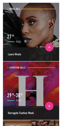 Close-up of a woman with a shaved head, bold makeup, and feathers covering part of her face, with event details and colourful backgrounds.