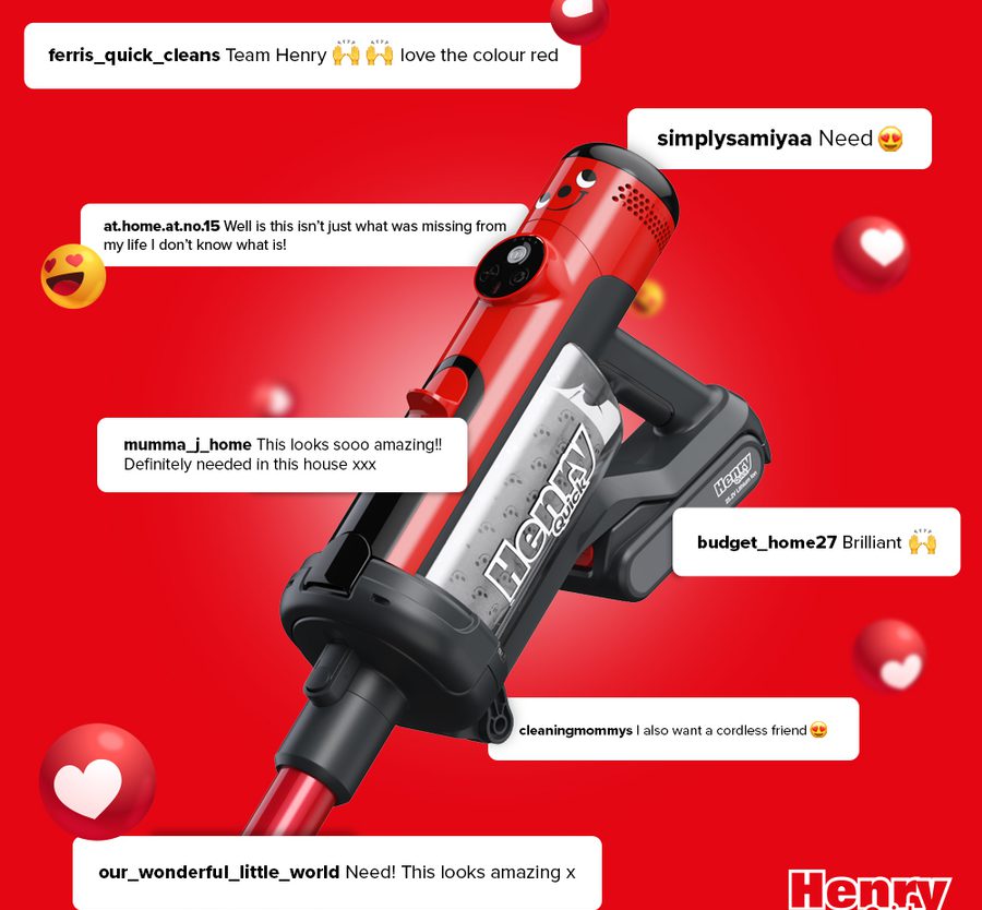 A red and black cordless vacuum cleaner with social media comments overlayed, set against a red background with heart icons.