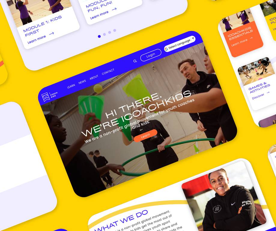 Screenshot of a colourful website homepage for ICOACHKIDS featuring children, coaches, and modules promoting youth sports and activities.