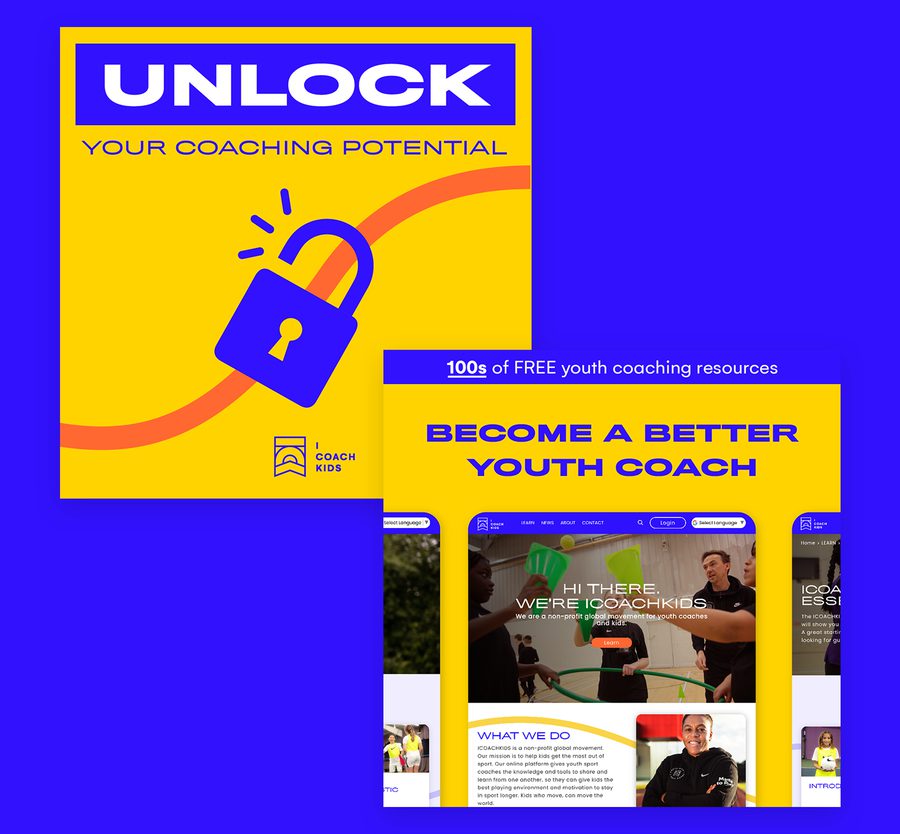 Bright yellow and blue promotional image for youth coaching resources, featuring a padlock icon and screenshots of a coaching website.