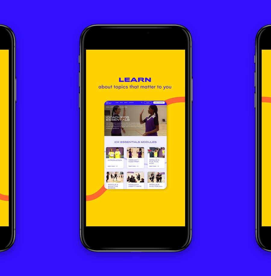 Three smartphones displaying a colourful app interface with sections titled "Browse," "Learn," and "Transform" against a blue background.