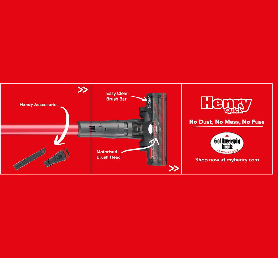 Vacuum cleaner with handle, motorised brush head, and accessories on a red background, featuring product details and branding.