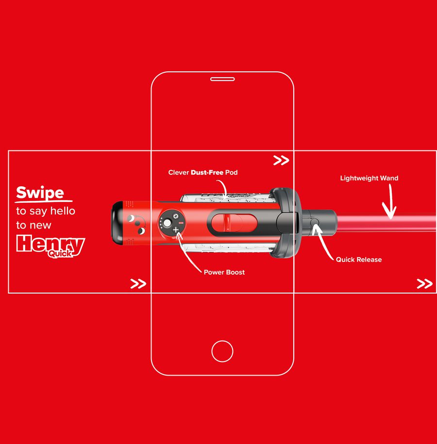 A red and white diagram of a smartphone with annotations pointing to features of a cylindrical device, including swipe to say hello, dust-free pod, and lightweight wand.