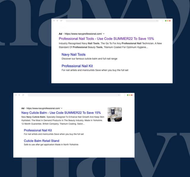 Screenshots of web pages showcasing navy professional nail tools and products, with text descriptions and an image of nailcare items on one page.