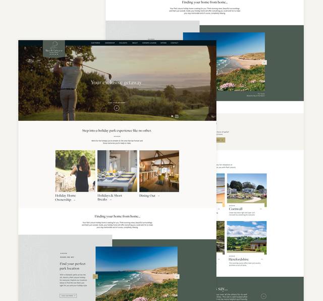 A person golfing on a course at sunset, with additional images of beaches, countryside, and a dining area in the background.