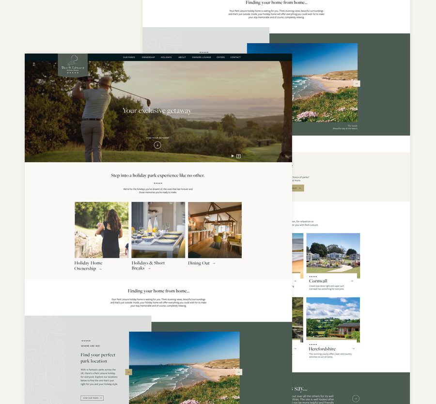 A person golfing on a course at sunset, with additional images of beaches, countryside, and a dining area in the background.