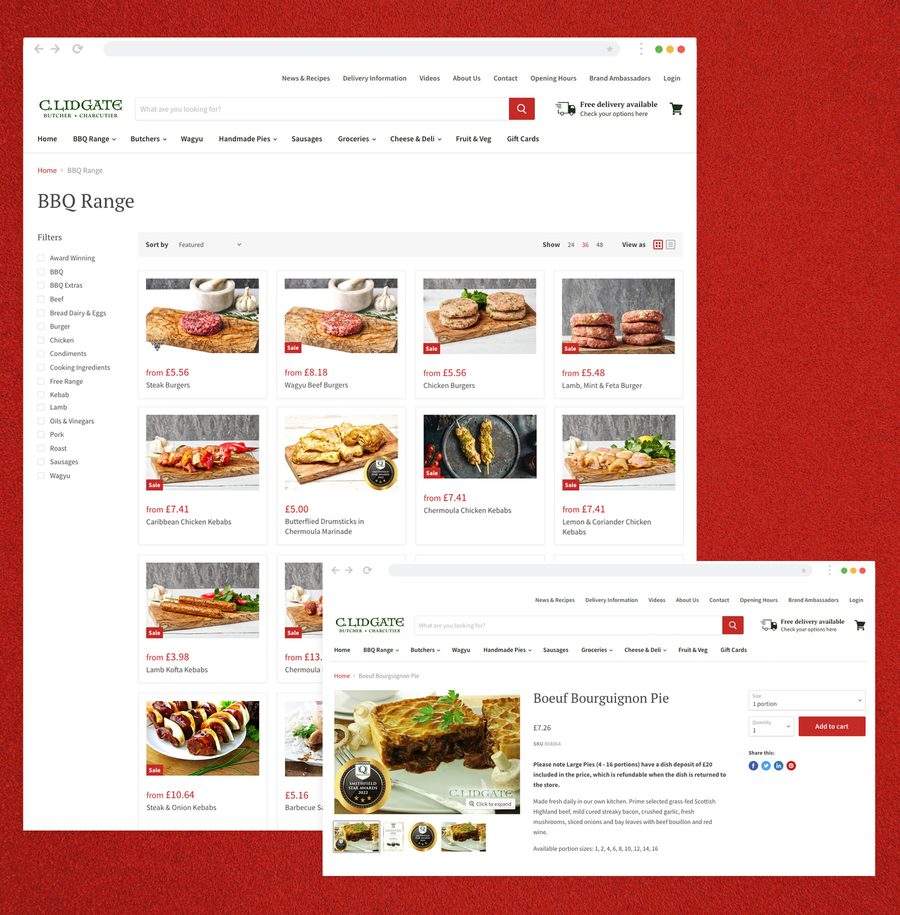 Screenshot of an online butcher shop showing various meat products on the website, with a detailed view of a beef bourguignon pie in the foreground.
