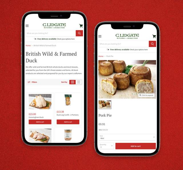 Two smartphones on a red textured background show the C. Lidgate butcher website: the left screen lists British Wild & Farmed Duck products, the right shows a Pork Pie product page.