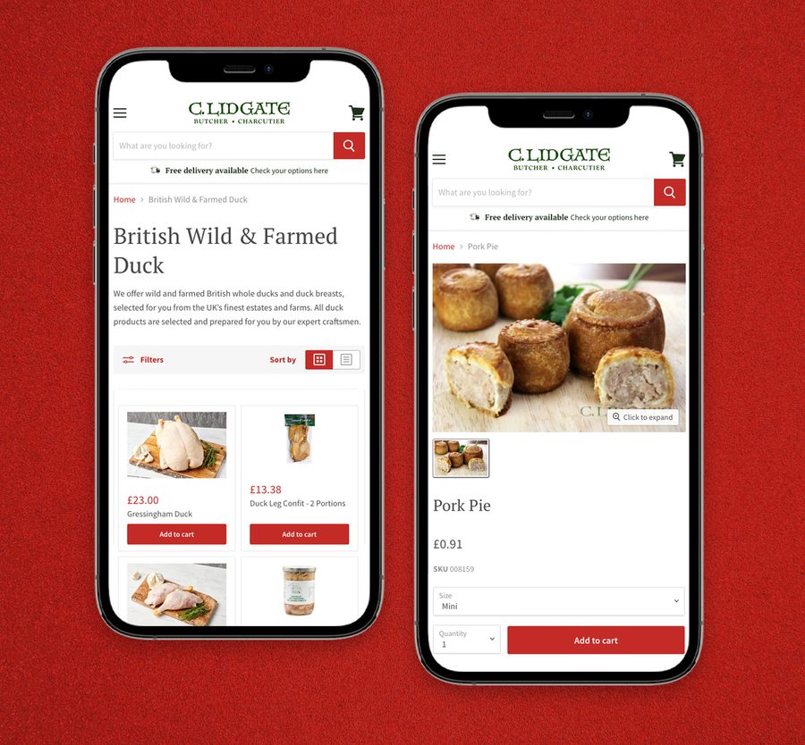 Two smartphones displaying an online butcher shop with images of British wild duck and pork pies on a red background.