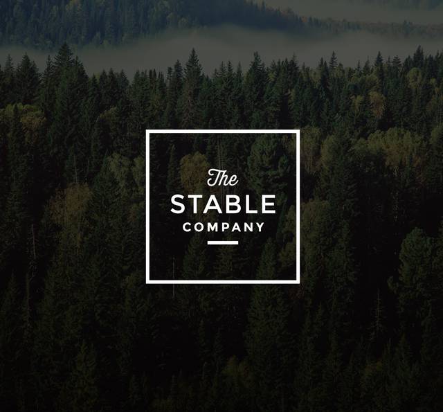 A dense forest with tall, green trees and a misty background, featuring a white square logo with text reading "The Stable Company" overlaying the scene.