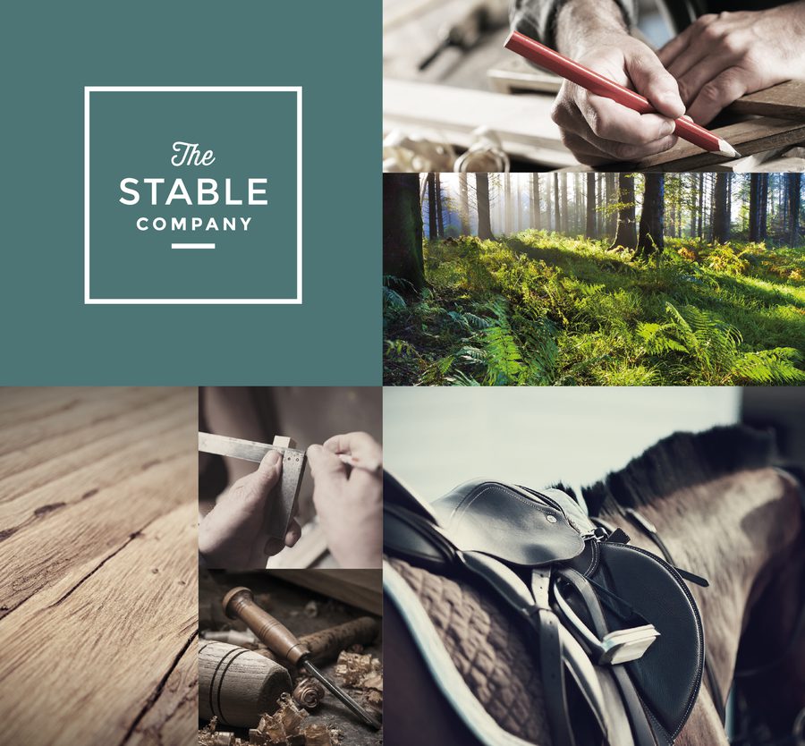 A collage of images related to woodworking and outdoor activities, with a central logo for The Stable Company on a muted green background.