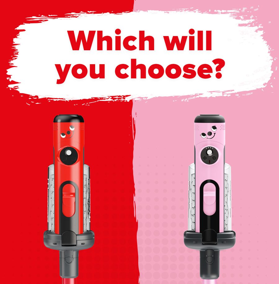 Two handheld objects with smiling faces, one red and one pink, are positioned side by side against contrasting red and pink backgrounds with the text "Which will you choose?"
