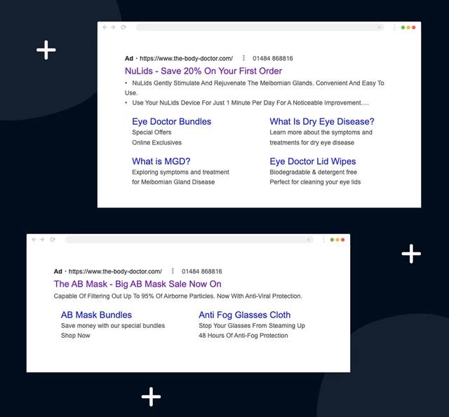 Two online ads displayed on a dark background, one for eye care products and the other for face masks and anti-fog glasses accessories.