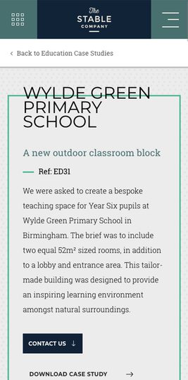 Page showing a case study for Wylde Green Primary School, detailing outdoor classroom design with text and a contact button.