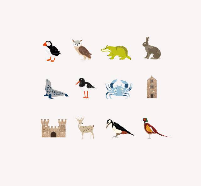 Collection of woodland and seaside animals, including a puffin, owl, crocodile, hare, seal, bird, crab, castle, deer, woodpecker, and pheasant.
