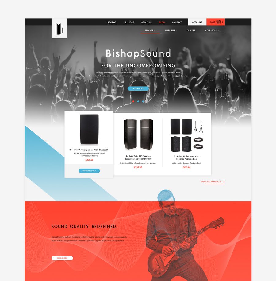 A website homepage featuring a concert crowd in black and white at the top, with audio equipment products below, and a red section with a guitarist playing.