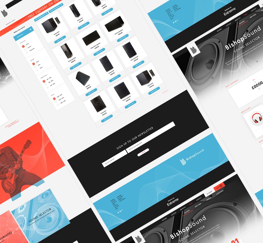 Multiple webpage mockups displaying electronic products, sound equipment, and a newsletter sign-up form in a digital collage arrangement.