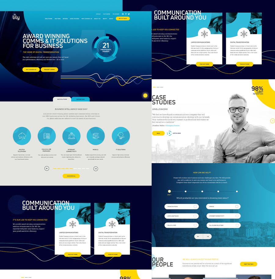 A digital webpage layout showcasing a blue themed business communication solution with sections on awards, services, case studies, and contact options.