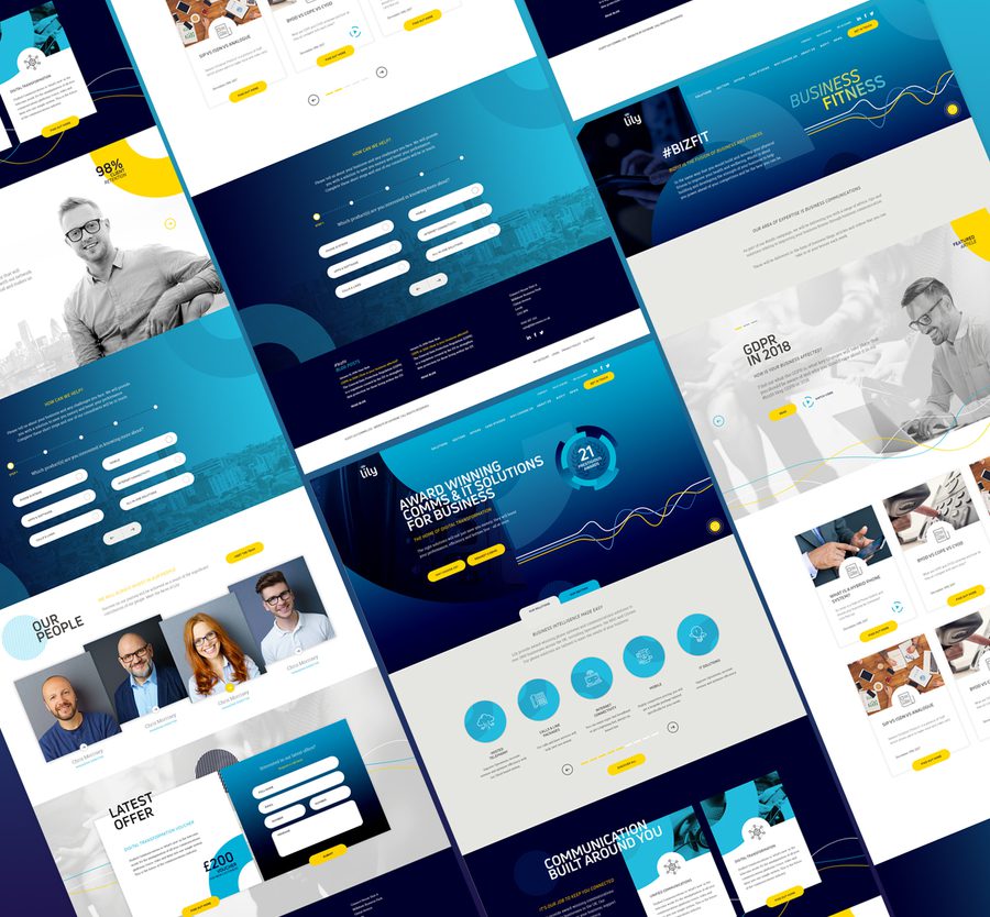A collage of website screens featuring a business and technology theme, with blue, yellow, and white colour schemes, displaying images, charts, and team photos.