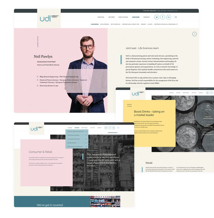 Webpage layout featuring a professional man, menu bar, sections on intellectual property and market leaders, with text blocks and images in a clean design.