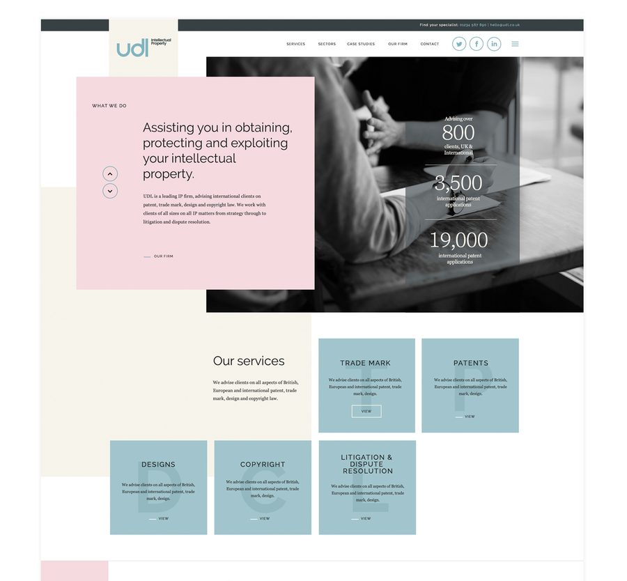 A website homepage layout for a legal firm specialising in intellectual property, with a large image of two people in discussion and service details displayed.