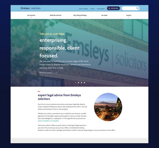 Image of a law firm website homepage with a blue header, large background image of the firm’s building, and text highlighting legal services and expertise.