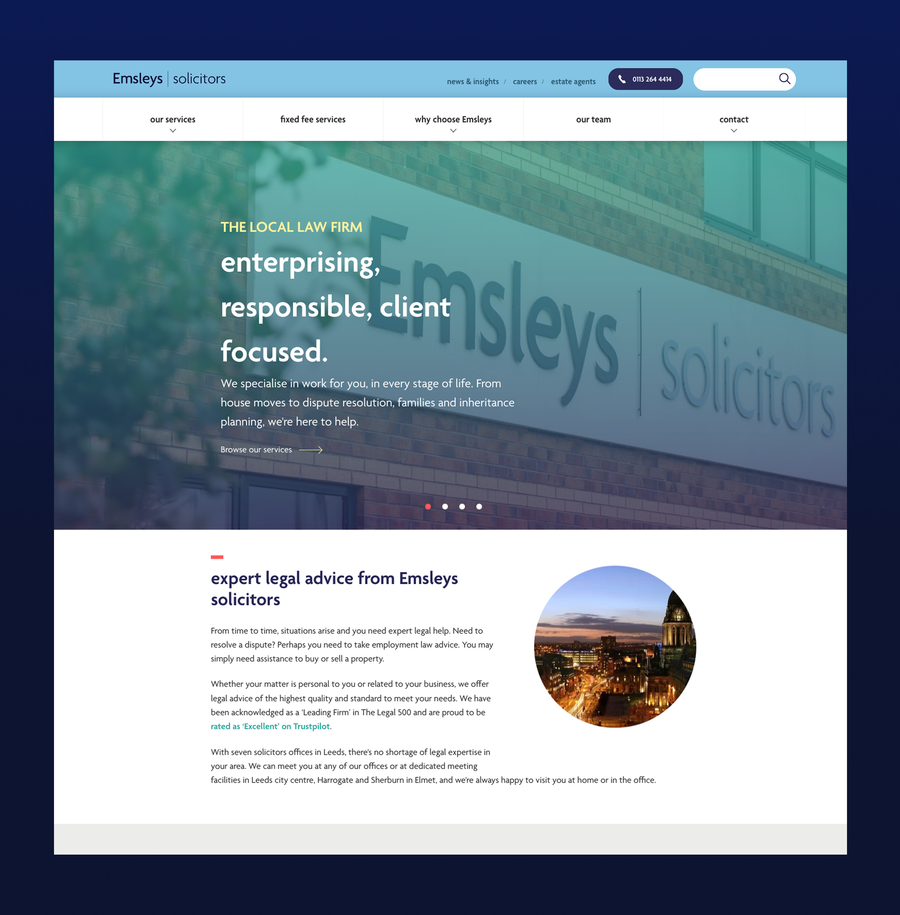 Image of a law firm website homepage with a blue header, large background image of the firm’s building, and text highlighting legal services and expertise.