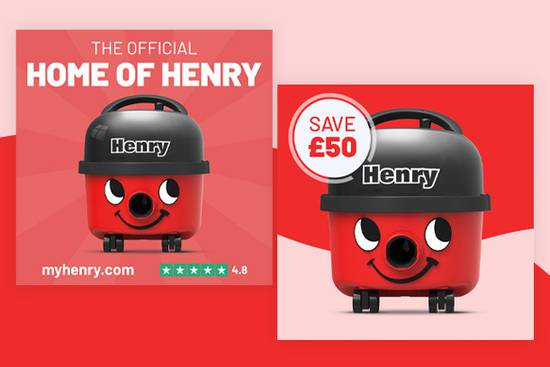 A red vacuum cleaner with a cartoon face and the label "Henry", shown in two promotional images with a red background and discount offer.