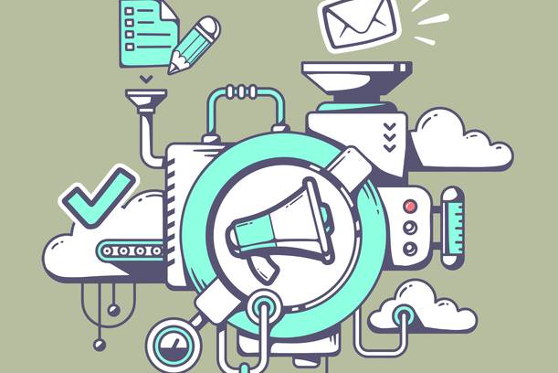 A colourful, cartoon-style illustration of various digital marketing and communication tools including a megaphone, cloud icons, checklist, envelope, and measuring instruments arranged against a green background.