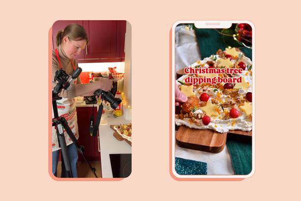 Girl taking photos of a Christmas tree dipping board on her phone, with a close-up of the festive dish displayed on the phone screen.