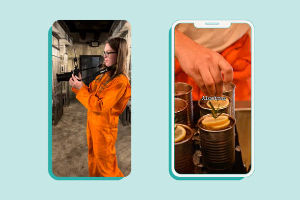A woman in an orange jumpsuit holding a camera, and a hand garnishing drinks in cans with lemon slices and herbs on a smartphone screen.
