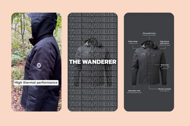 A person wearing a black high thermal performance jacket outdoors, with labels highlighting features like waterproofing, adjustable cuffs, and machine washability.